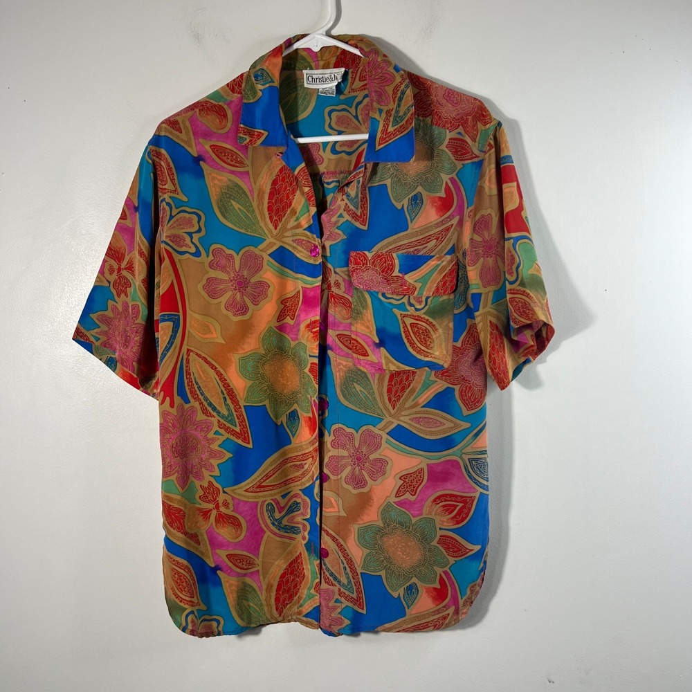 Womens Vintage Christie & Jill Silk Floral Button Shirt Pink Blue Gold S